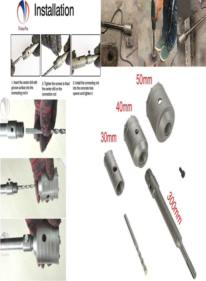 Mass Pro 1Rod 300mm SDS Plus Shank + 3 Size's (30/40/50mm) Concrete Hole Saw Cutter Drilling Bits Combo Set - Image 2